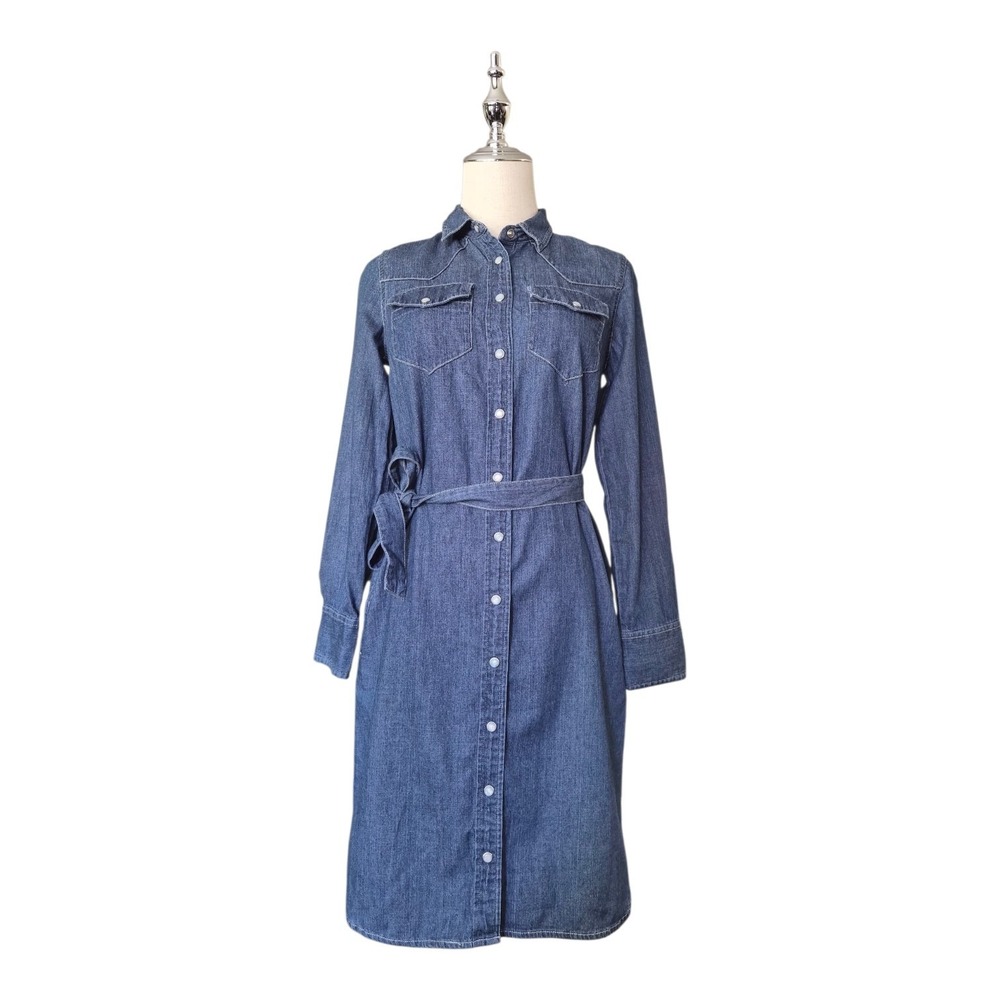 J. Crew Western Pearl Snap Denim Shirt Dress Tie Waist 100% Cotton Size‎ 00